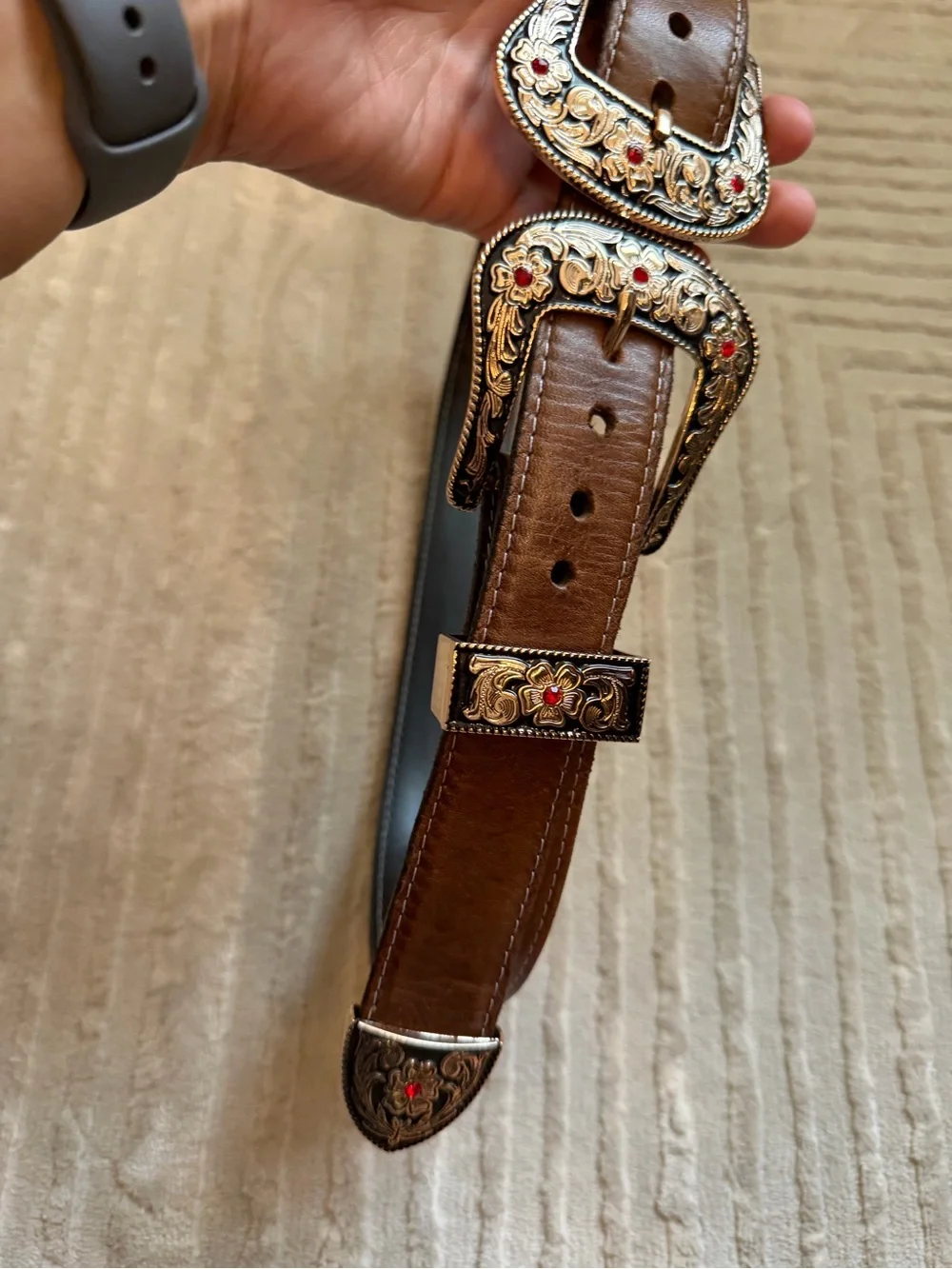 Women's Brown Leather Double Western Buckle Belt with Silver Floral Accents